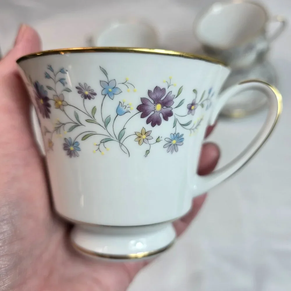 FOUR Noritake Longwood #2485 Cup & Saucer Sets Purple, Blue & Yellow Flowers